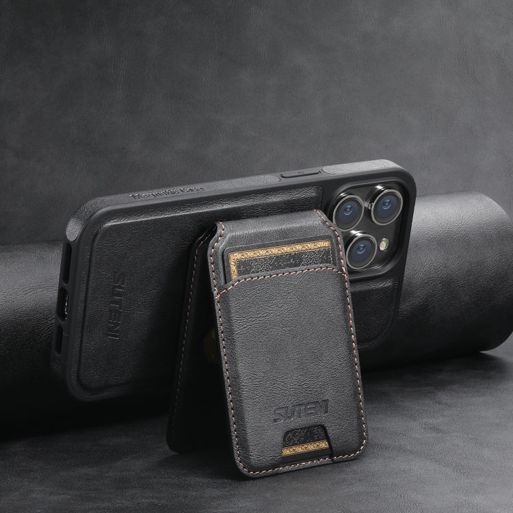 For iPhone 14 Pro Max Suteni M2 Oil Wax MagSafe Horizontal Card Bag Phone Case(Black)