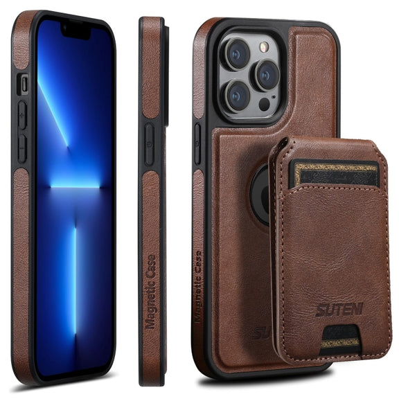 For iPhone 13 Pro Suteni M2 Oil Wax MagSafe Horizontal Card Bag Phone Case(Brown)