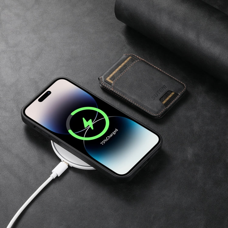 For iPhone 12  Suteni M2 Oil Wax MagSafe Horizontal Card Bag Phone Case(Black)