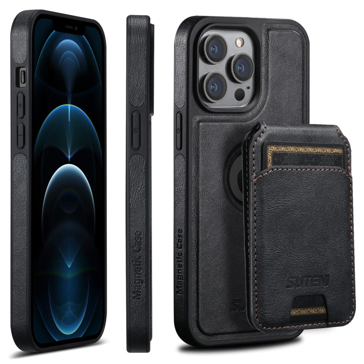 For iPhone 12 Pro Max Suteni M2 Oil Wax MagSafe Horizontal Card Bag Phone Case(Black)