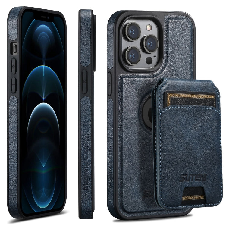 For iPhone 12 Pro Max Suteni M2 Oil Wax MagSafe Horizontal Card Bag Phone Case(Blue)