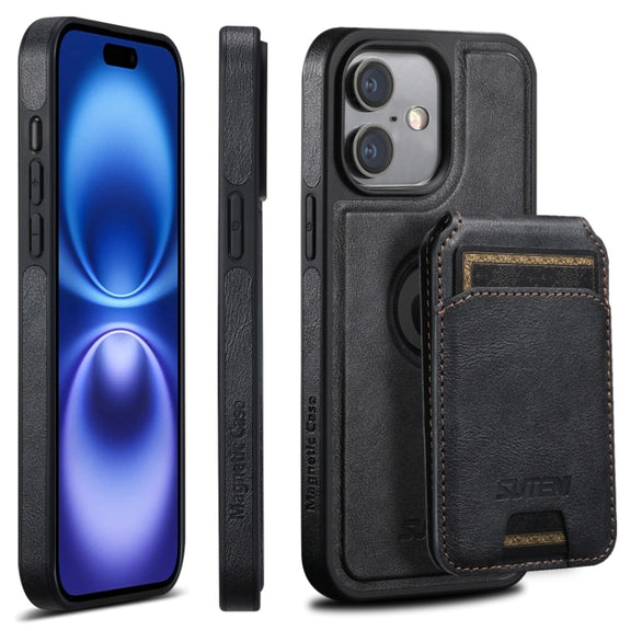For iPhone 16 Suteni M2 Oil Wax MagSafe Horizontal Card Bag Phone Case(Black)