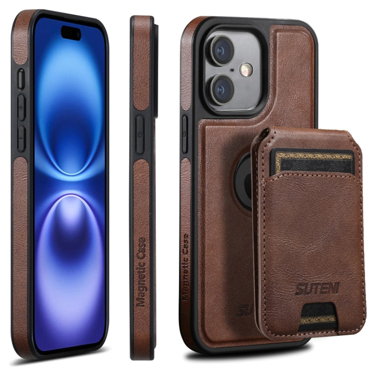 For iPhone 16 Suteni M2 Oil Wax MagSafe Horizontal Card Bag Phone Case(Brown)