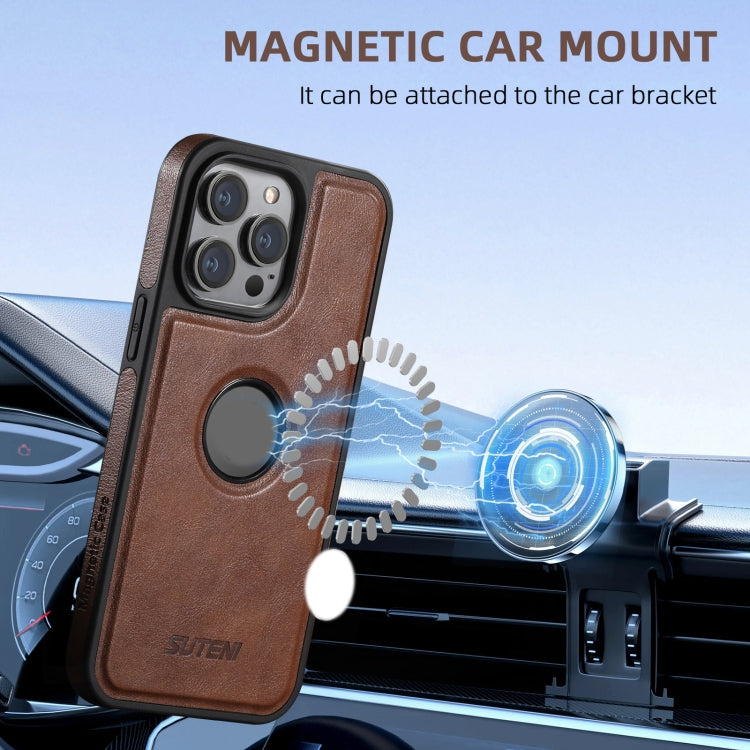 For iPhone 16 Suteni M2 Oil Wax MagSafe Horizontal Card Bag Phone Case(Brown)