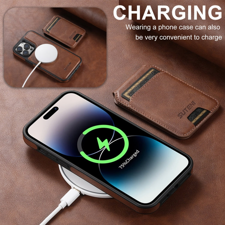 For iPhone 16 Suteni M2 Oil Wax MagSafe Horizontal Card Bag Phone Case(Brown)