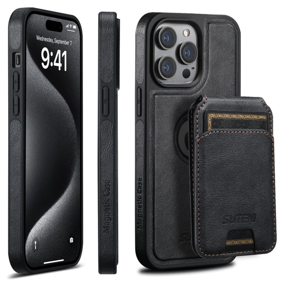 For iPhone 16 Pro Suteni M2 Oil Wax MagSafe Horizontal Card Bag Phone Case(Black)