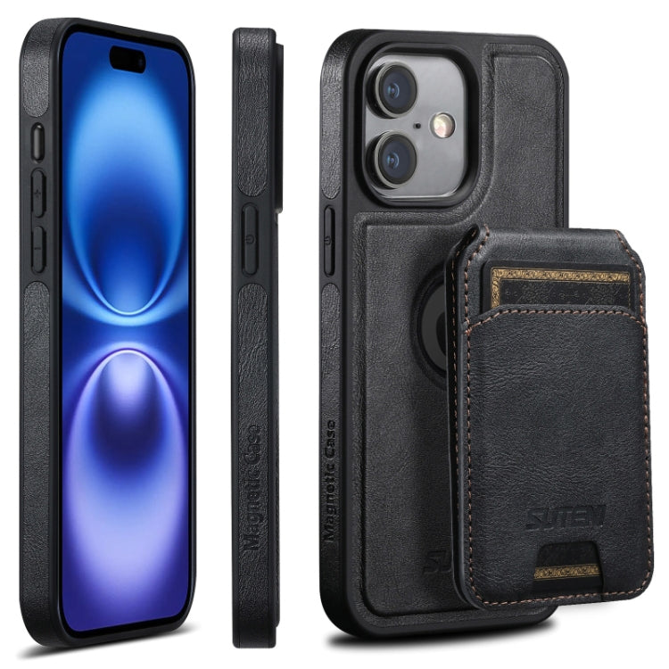 For iPhone 16 Plus Suteni M2 Oil Wax MagSafe Horizontal Card Bag Phone Case(Black)