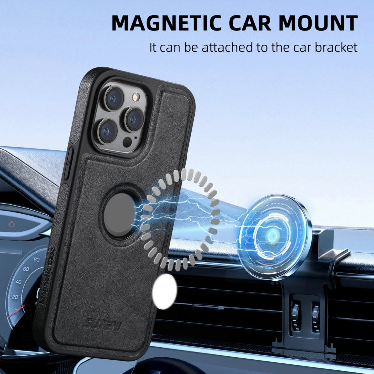 For iPhone 16 Plus Suteni M2 Oil Wax MagSafe Horizontal Card Bag Phone Case(Black)