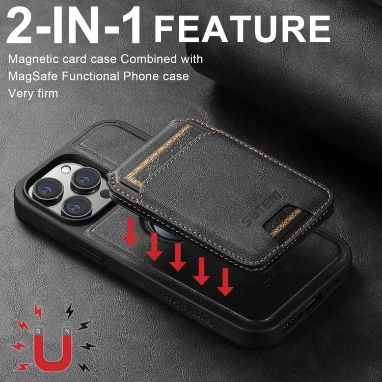 For iPhone 16 Plus Suteni M2 Oil Wax MagSafe Horizontal Card Bag Phone Case(Black)