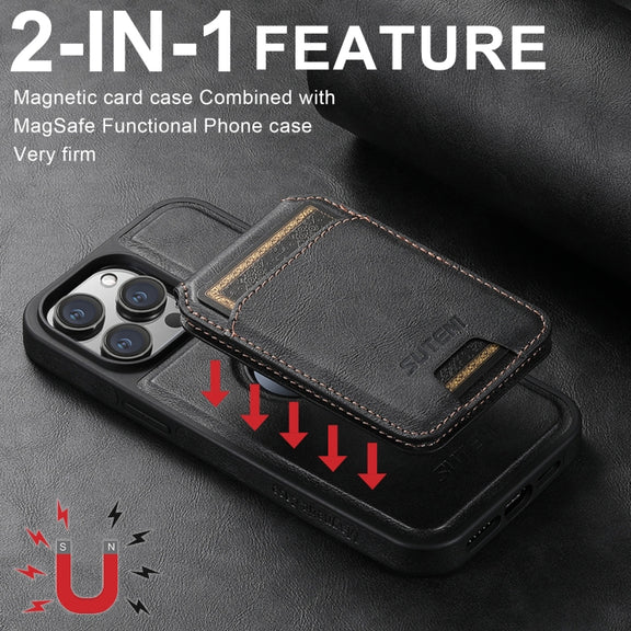 For iPhone 16 Plus Suteni M2 Oil Wax MagSafe Horizontal Card Bag Phone Case(Black)