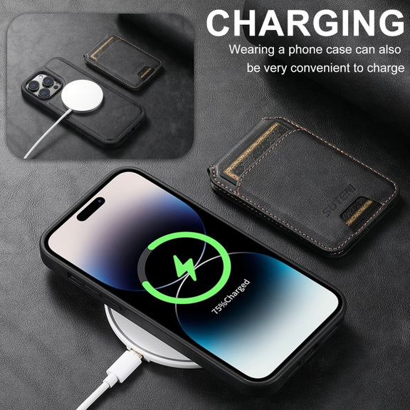 For iPhone 16 Plus Suteni M2 Oil Wax MagSafe Horizontal Card Bag Phone Case(Black)