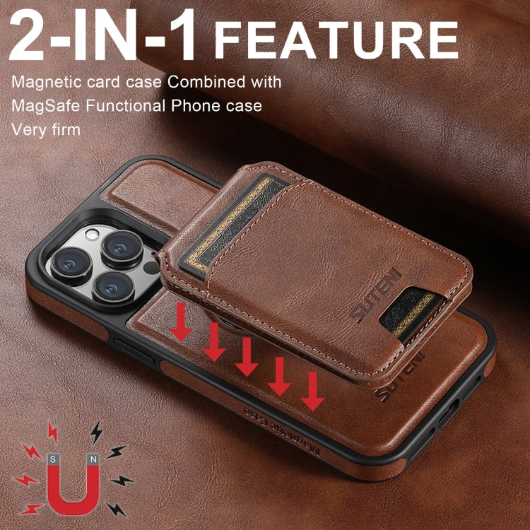 For iPhone 16 Plus Suteni M2 Oil Wax MagSafe Horizontal Card Bag Phone Case(Brown)