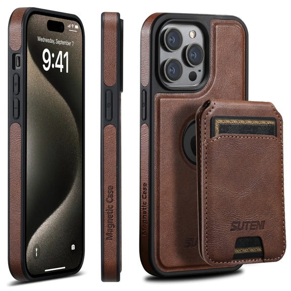 For iPhone 16 Pro Max Suteni M2 Oil Wax MagSafe Horizontal Card Bag Phone Case(Brown)