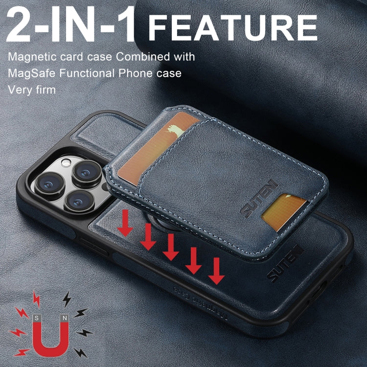 For iPhone 16 Pro Max Suteni M2 Oil Wax MagSafe Horizontal Card Bag Phone Case(Blue)