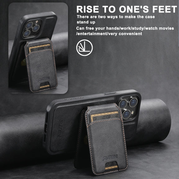 For iPhone 16 Plus Suteni M2 Oil Wax MagSafe Horizontal Card Bag Phone Case(Black)
