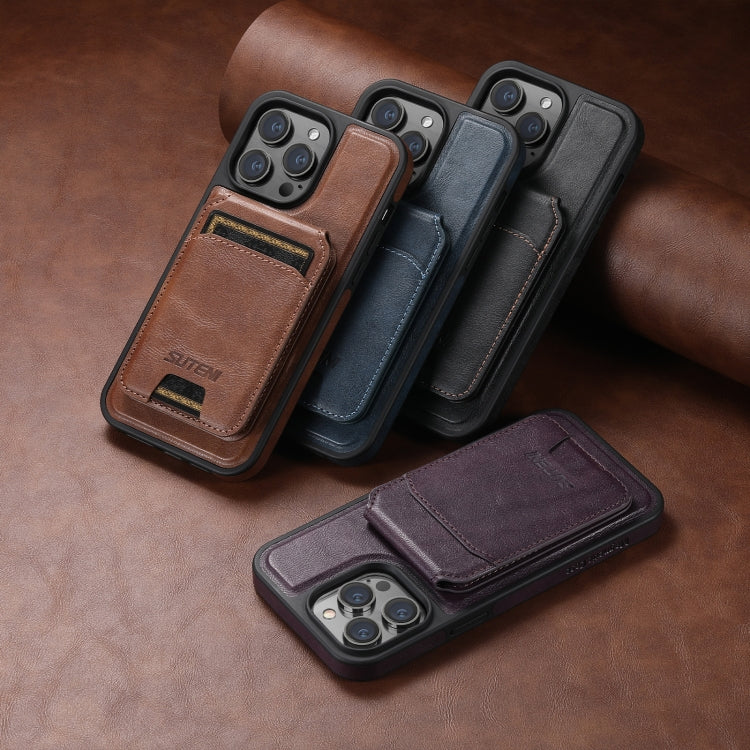 For iPhone 15 Plus Suteni M2 Oil Wax MagSafe Horizontal Card Bag Phone Case(Black)