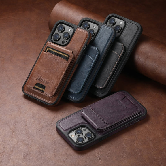 For iPhone 15 Plus Suteni M2 Oil Wax MagSafe Horizontal Card Bag Phone Case(Black)
