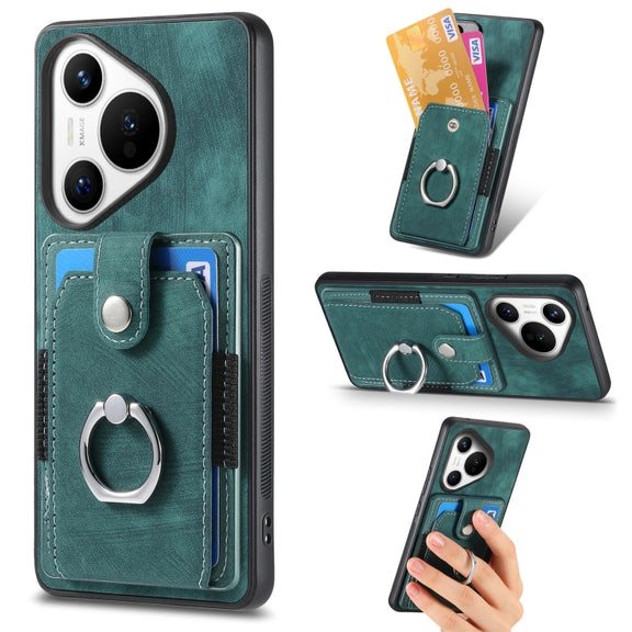 For Huawei Pura 70 Retro Skin-feel Ring Card Wallet Phone Case(Green)