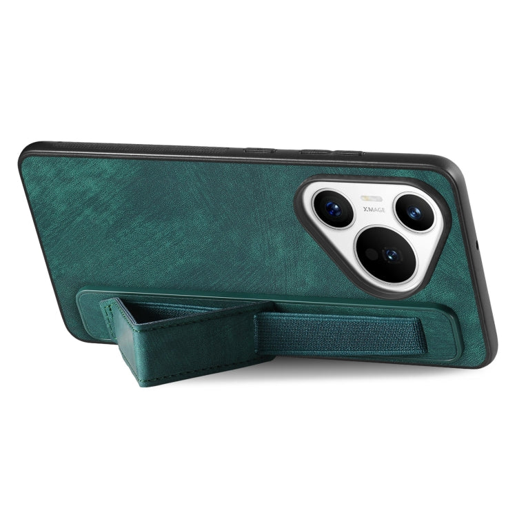 For Huawei Pura 70 Retro Wristband Holder Leather Back Phone Case(Green)
