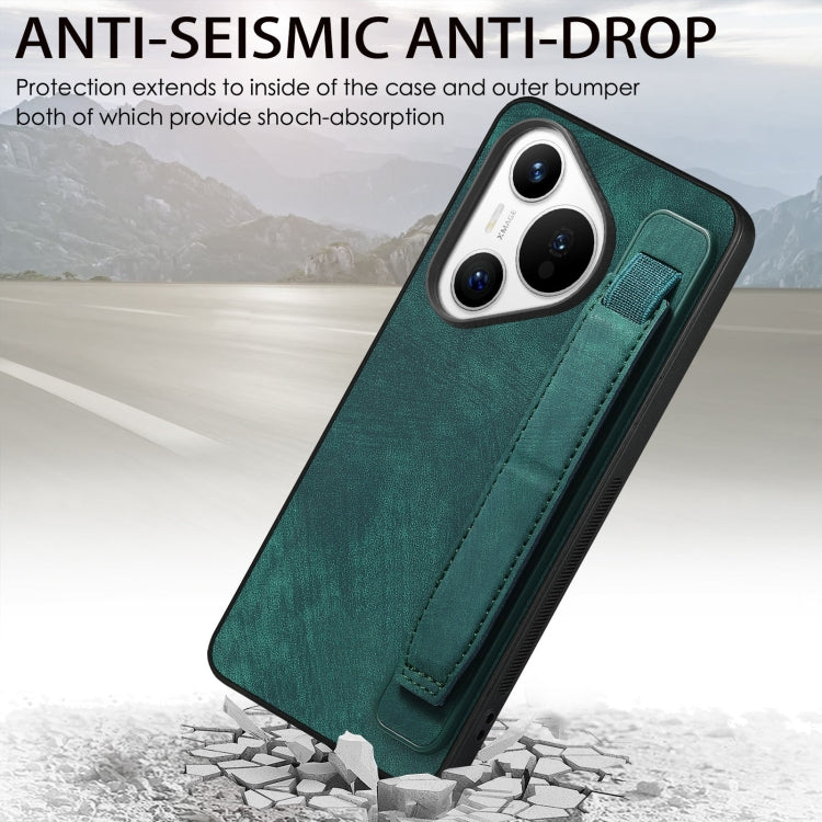 For Huawei Pura 70 Retro Wristband Holder Leather Back Phone Case(Green)
