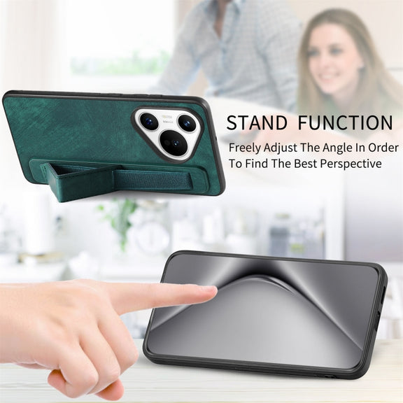 For Huawei Pura 70 Retro Wristband Holder Leather Back Phone Case(Green)