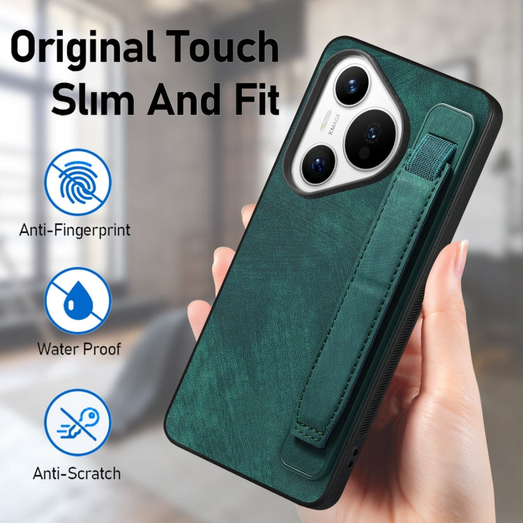 For Huawei Pura 70 Retro Wristband Holder Leather Back Phone Case(Green)
