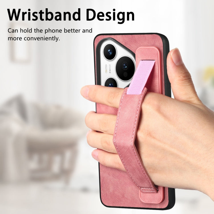 For Huawei Pura 70 Retro Wristband Holder Leather Back Phone Case(Pink)