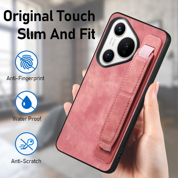 For Huawei Pura 70 Retro Wristband Holder Leather Back Phone Case(Pink)