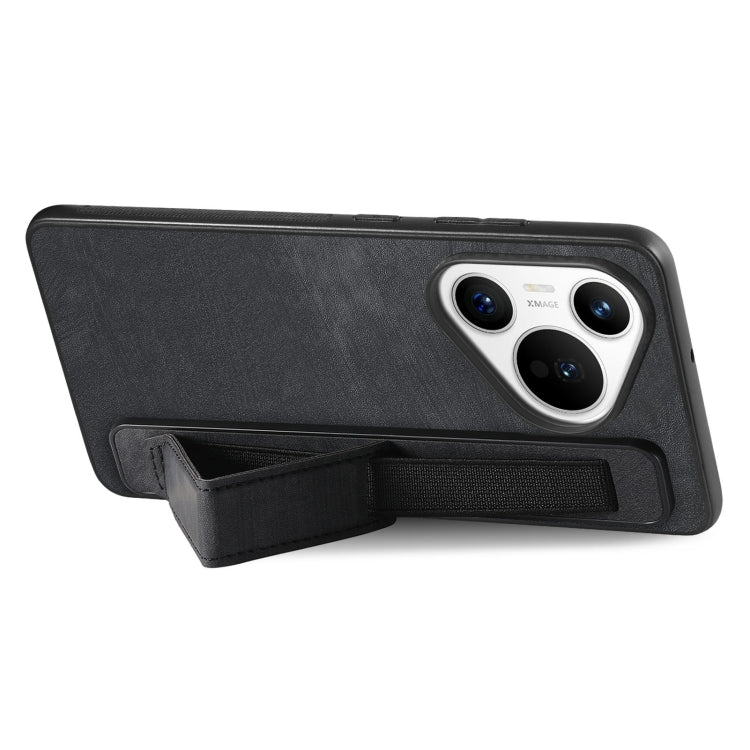 For Huawei Pura 70 Retro Wristband Holder Leather Back Phone Case(Black)