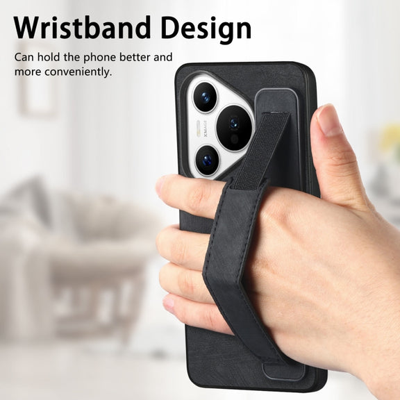 For Huawei Pura 70 Retro Wristband Holder Leather Back Phone Case(Black)