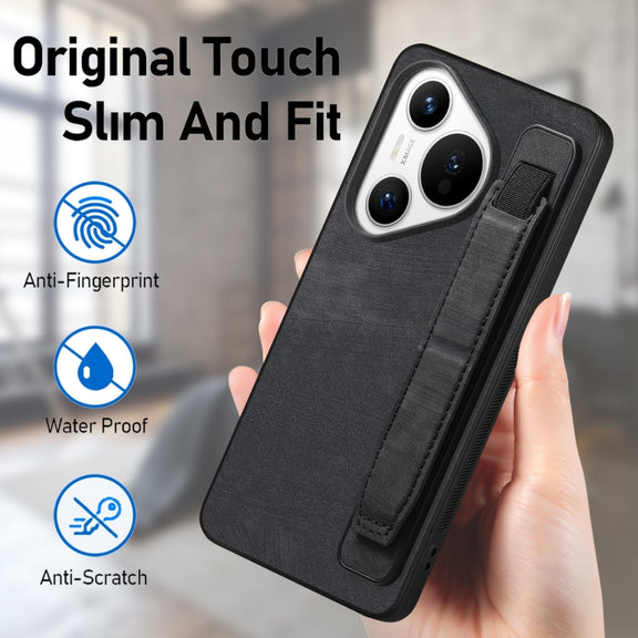 For Huawei Pura 70 Retro Wristband Holder Leather Back Phone Case(Black)