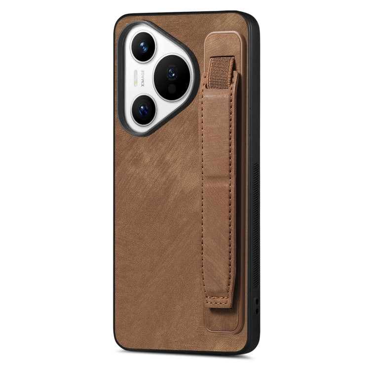 For Huawei Pura 70 Retro Wristband Holder Leather Back Phone Case(Brown)