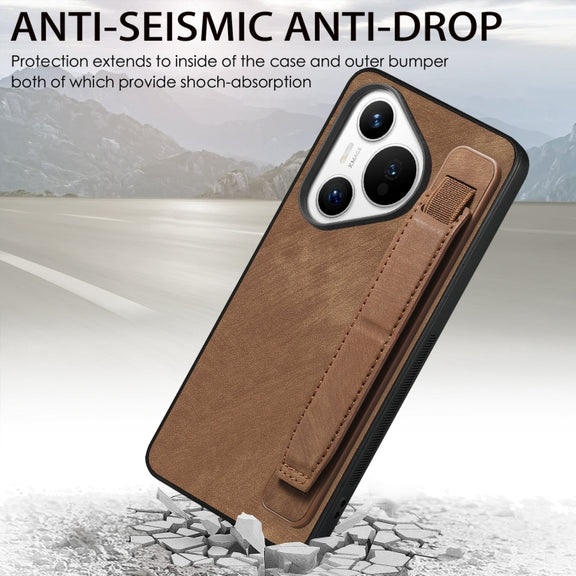 For Huawei Pura 70 Retro Wristband Holder Leather Back Phone Case(Brown)