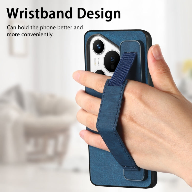 For Huawei Pura 70 Retro Wristband Holder Leather Back Phone Case(Blue)