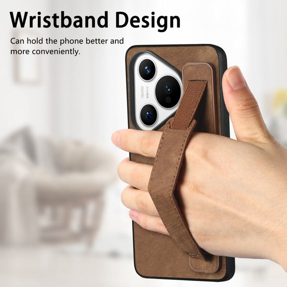 For Huawei Pura 70 Pro+ Retro Wristband Holder Leather Back Phone Case(Brown)