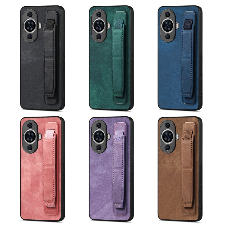 For Huawei Pura 70 Retro Wristband Holder Leather Back Phone Case(Black)