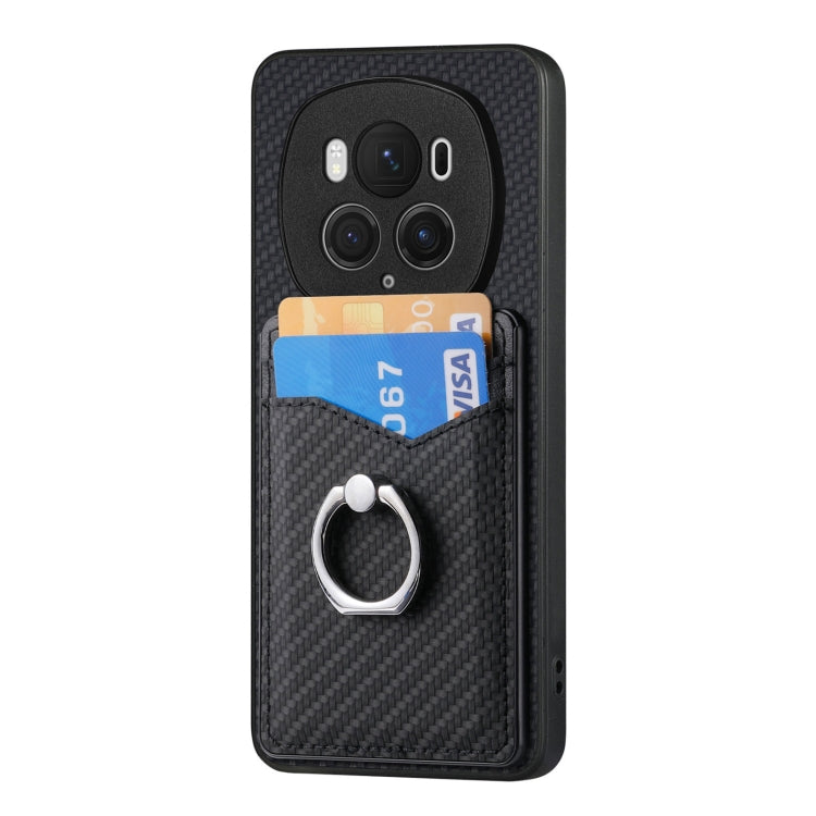 For Honor Magic6 Pro Carbon Fiber Card Wallet Ring Phone Case(Black)