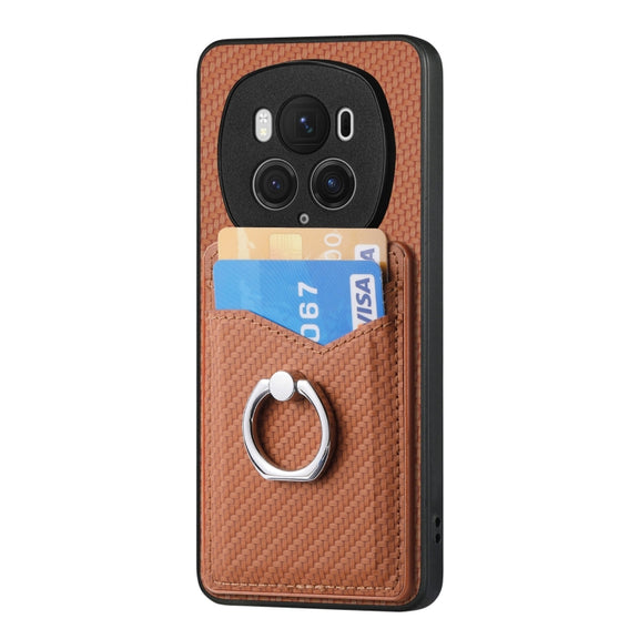 For Honor Magic6 Pro Carbon Fiber Card Wallet Ring Phone Case(Brown)