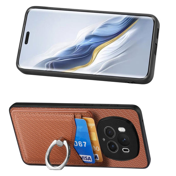 For Honor Magic6 Pro Carbon Fiber Card Wallet Ring Phone Case(Brown)