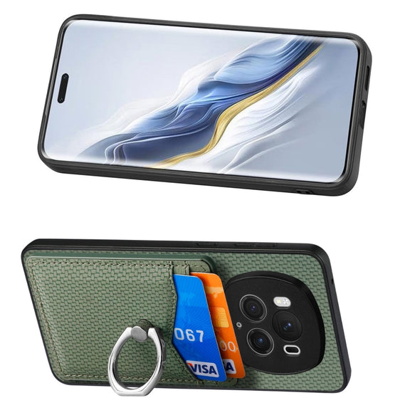 For Honor Magic6 Pro Carbon Fiber Card Wallet Ring Phone Case(Green)