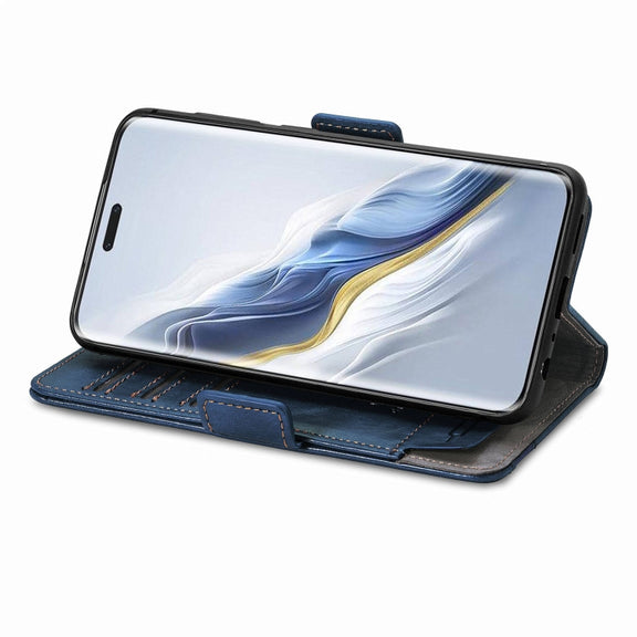 For Honor Magic6 Pro CaseNeo Splicing Dual Magnetic Buckle Leather Phone Case(Blue)