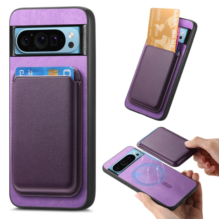 For Google Pixel 9 Retro Magsafe Card Bag PU Back Cover Phone Case(Purple)