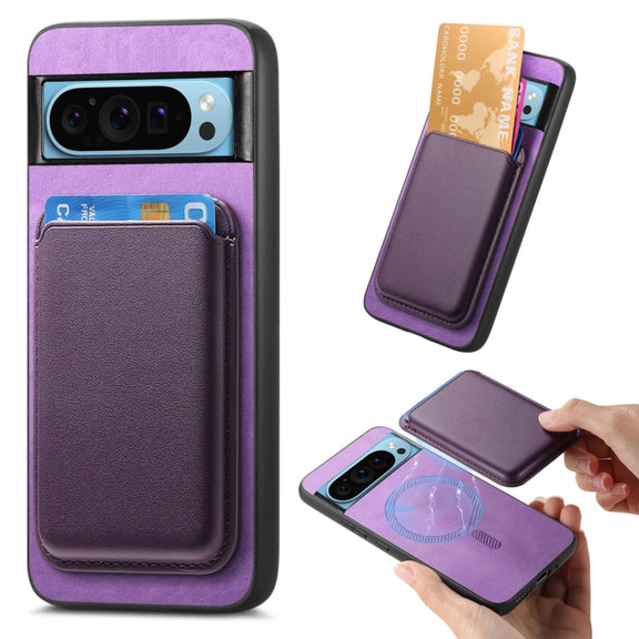 For Google Pixel 9 Retro Magsafe Card Bag PU Back Cover Phone Case(Purple)