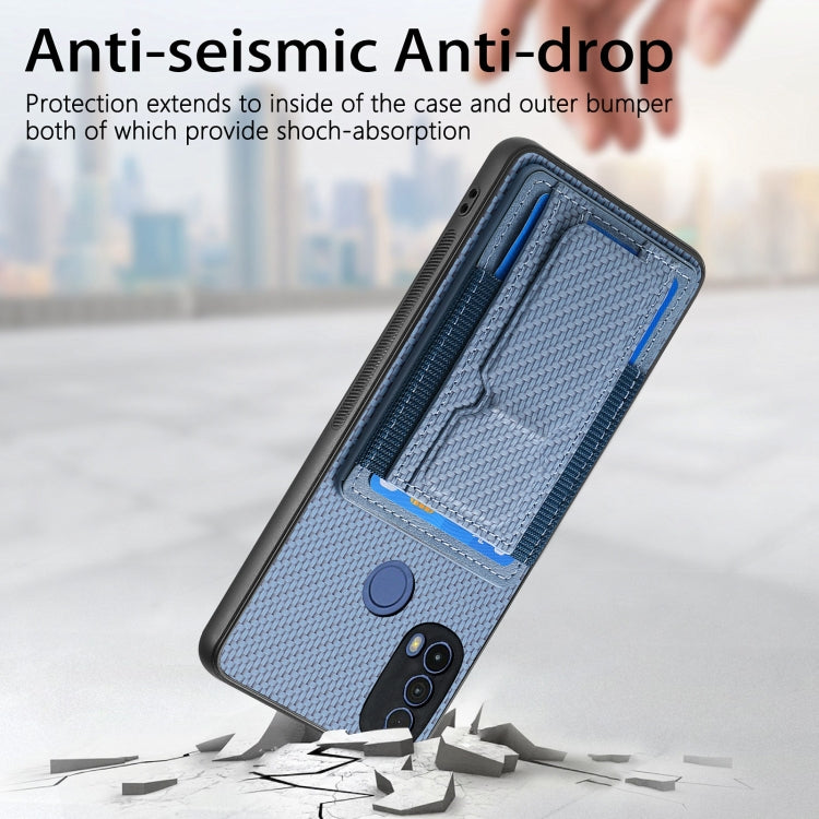 For Motorola Moto G 5G 2024 4G Carbon Fiber Fold Stand Elastic Card Bag Phone Case(Blue)