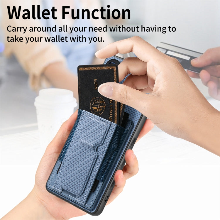 For Motorola Moto G 5G 2024 4G Carbon Fiber Fold Stand Elastic Card Bag Phone Case(Blue)