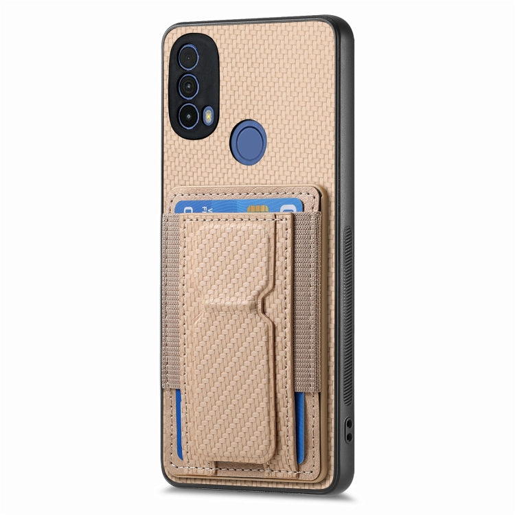 For Motorola Moto G 5G 2024 4G Carbon Fiber Fold Stand Elastic Card Bag Phone Case(Khaki)