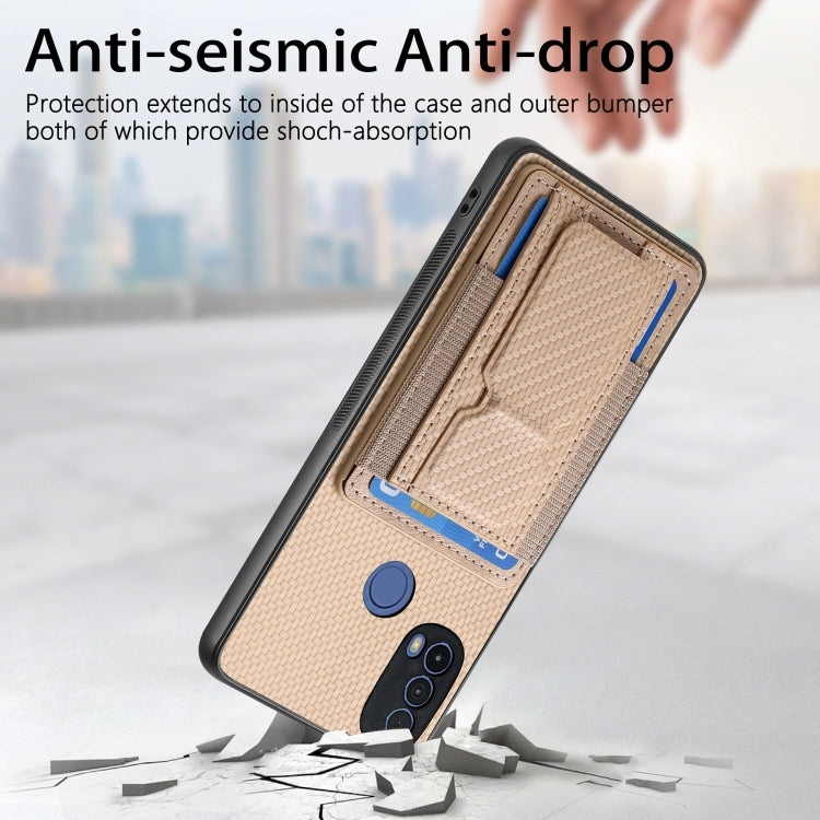 For Motorola Moto G 5G 2024 4G Carbon Fiber Fold Stand Elastic Card Bag Phone Case(Khaki)