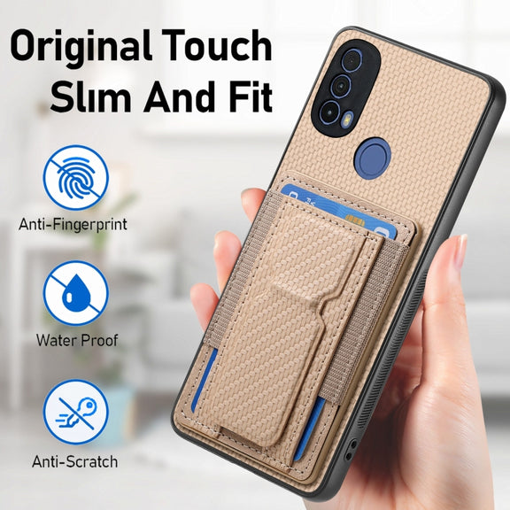 For Motorola Moto G Stylus 5G 2024 Carbon Fiber Fold Stand Elastic Card Bag Phone Case(Khaki)