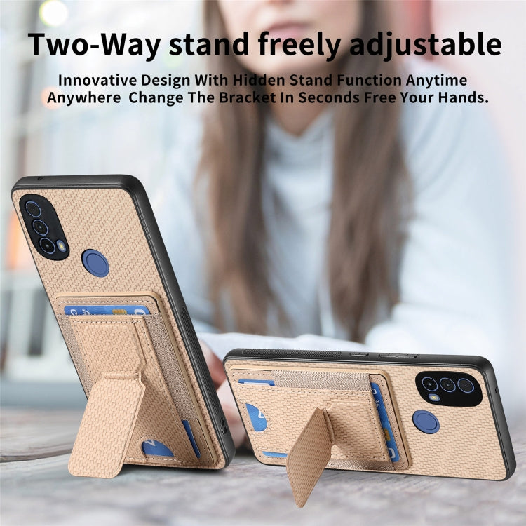 For Motorola Moto G Stylus 5G 2024 Carbon Fiber Fold Stand Elastic Card Bag Phone Case(Khaki)