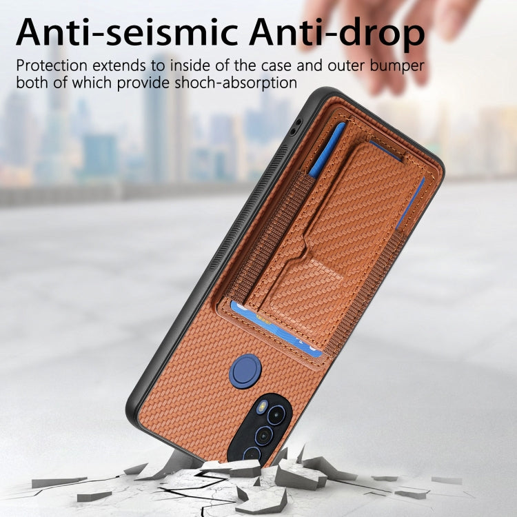 For Motorola Moto G Power 5G 2024 Carbon Fiber Fold Stand Elastic Card Bag Phone Case(Brown)